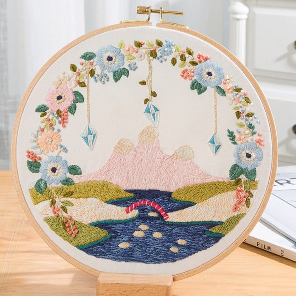 New Embroidery Kit w/Hoop River Mountain Flower Boho Decor Beginner Craft